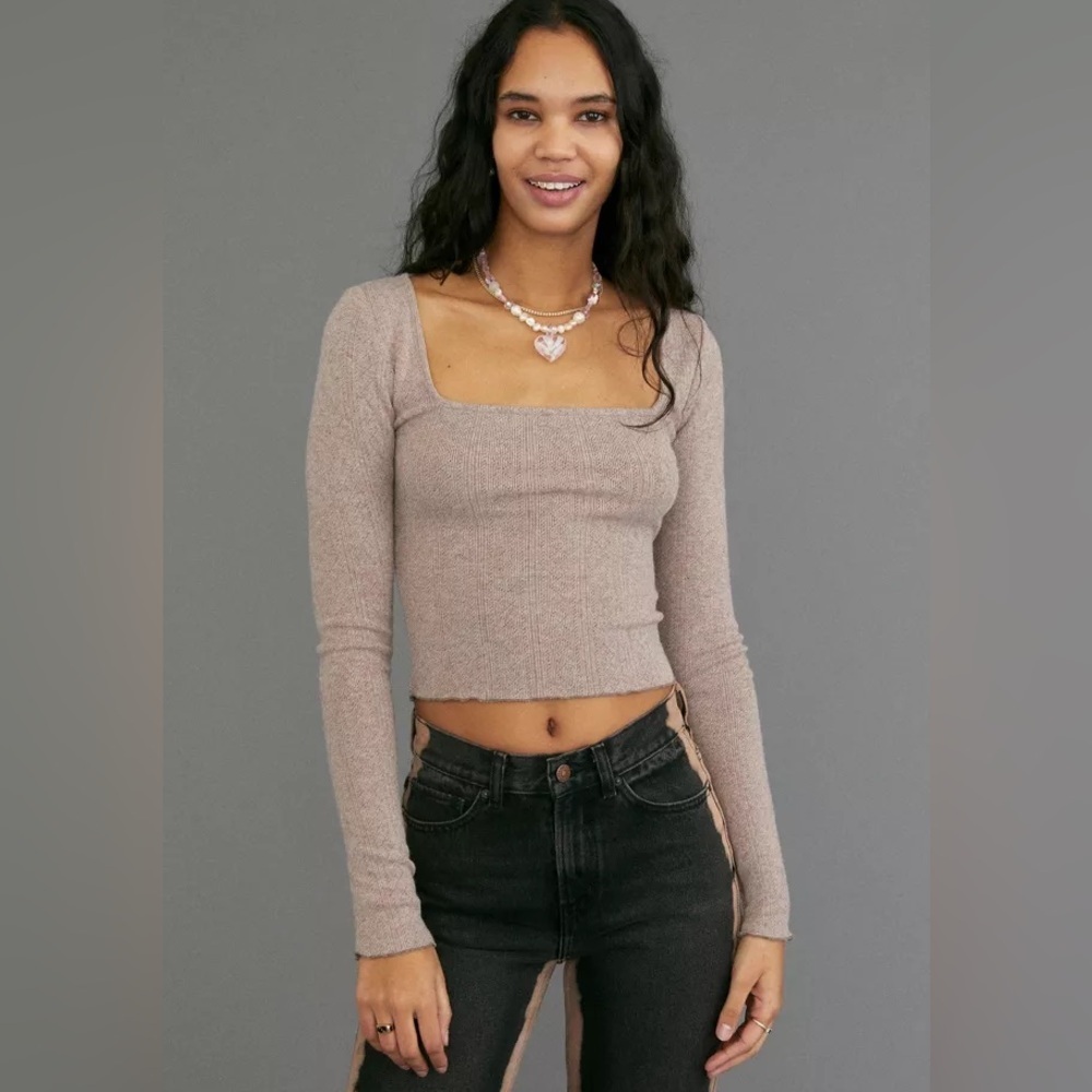 Bozzolo size M Women's Long Sleeve Square Neck Top -Camel Tan